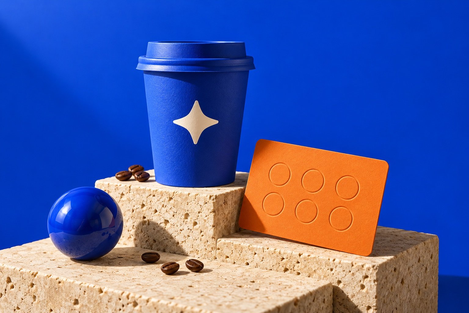 Blue coffee cup and orange stamp card on travertine — Stampi concept artwork